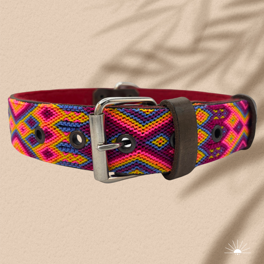 Hochwertiges Lederhalsband für Hunde. Buntes, mexikanisches Hundehalsband in in den Farben Pink, Gelb und Blau von Kunalini